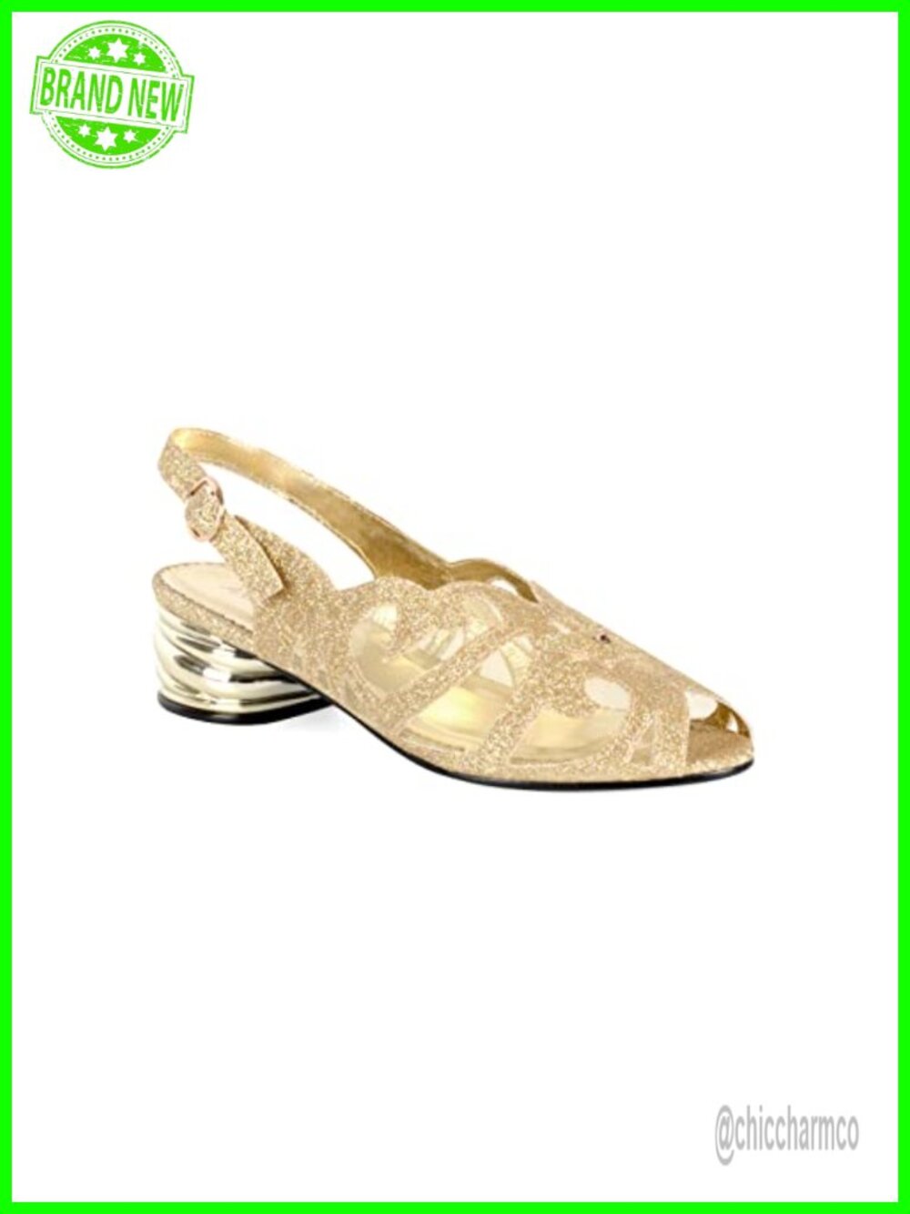 Glitter Mesh Peep Toe Slingback Chunky Low Heel Sandal